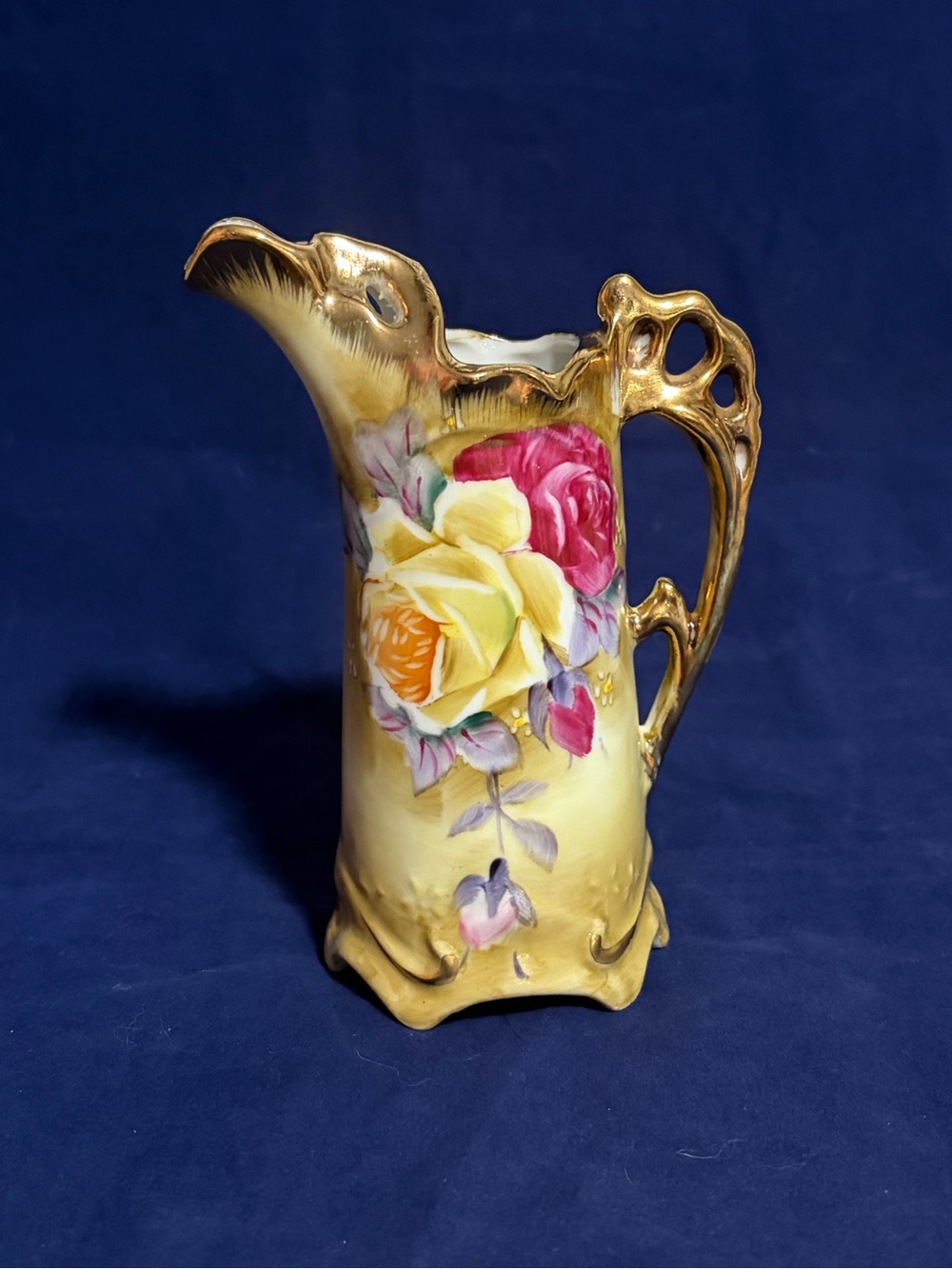 Vintage Hand Painted Nippon Porcelain Floral Pitcher Vase Gold Handle